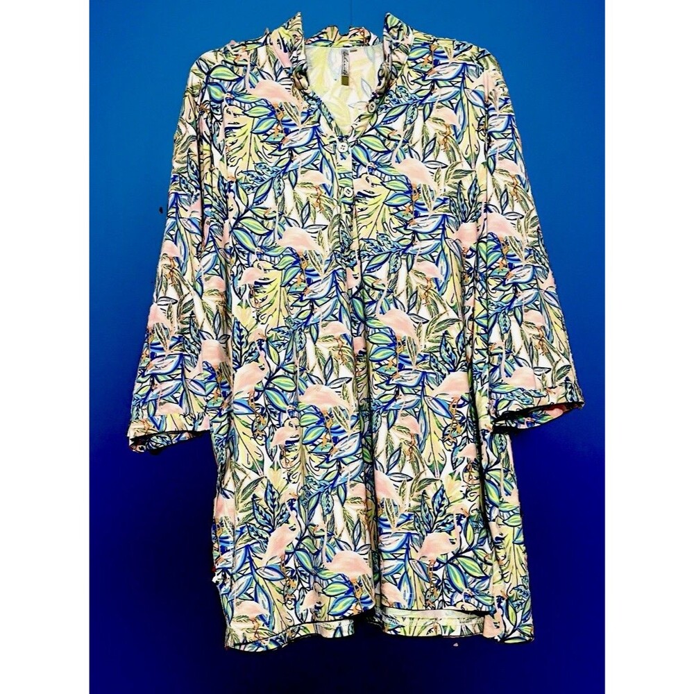 Lulu-B Flamingo Floral Tunic Top Womens 1X 3/4 Sleeve Smooth Stretch